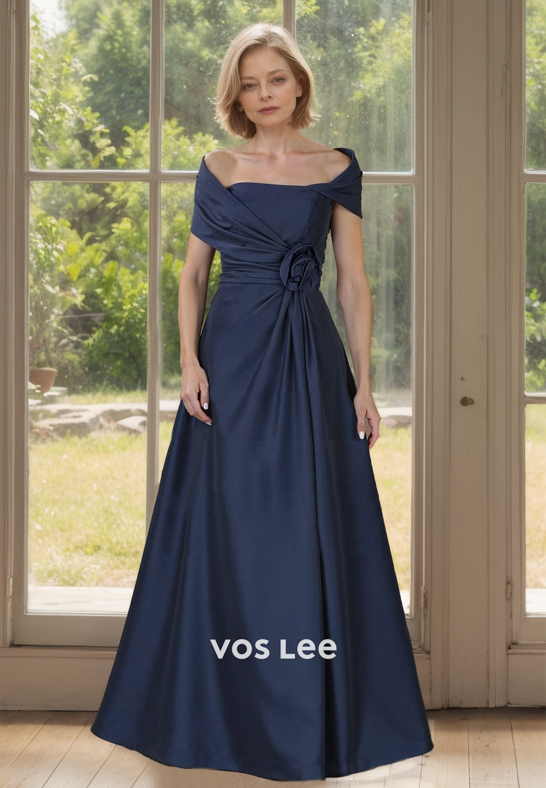 Elegant A-Line Off Shoulder Floral Embossed Ruched Mother of the Evening Dress
