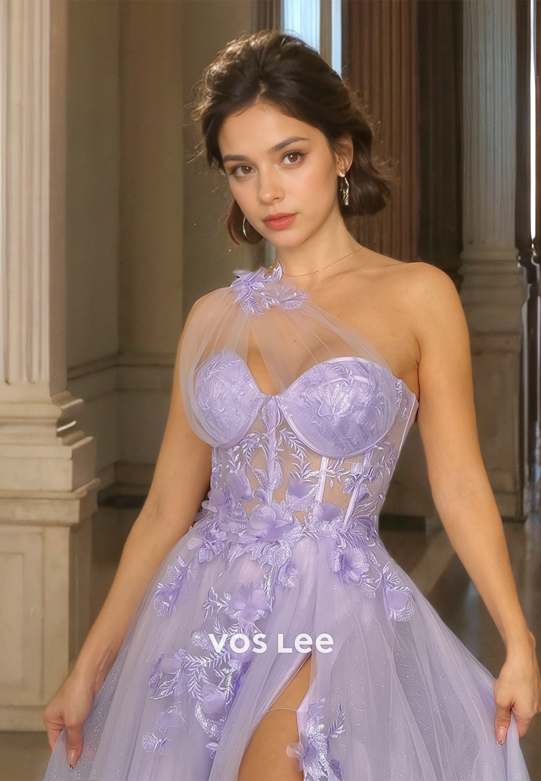 Graceful A-Line One Shoulder Lace Appliques High Split Sequins Sweep Train Tulle Prom Pageant Dress