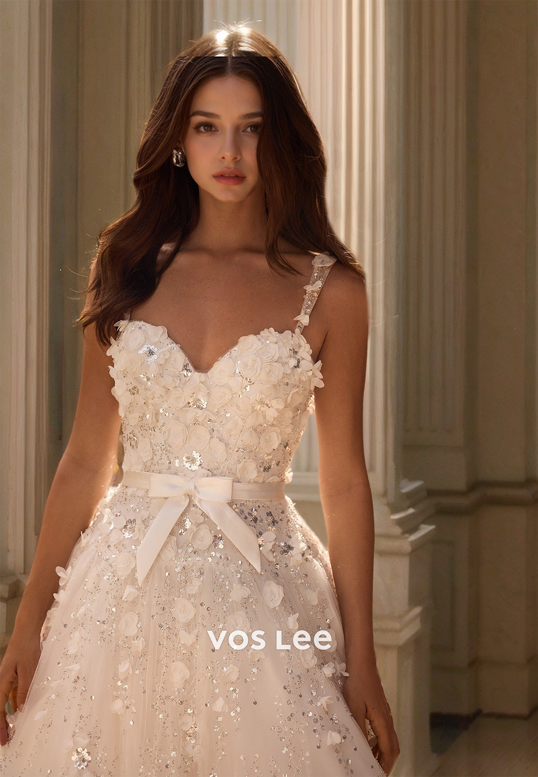 Luxury A-Line V Neck Sleeveless Sequins 3D Flowers Bow Sweep Train Tulle Prom Birthday Dress