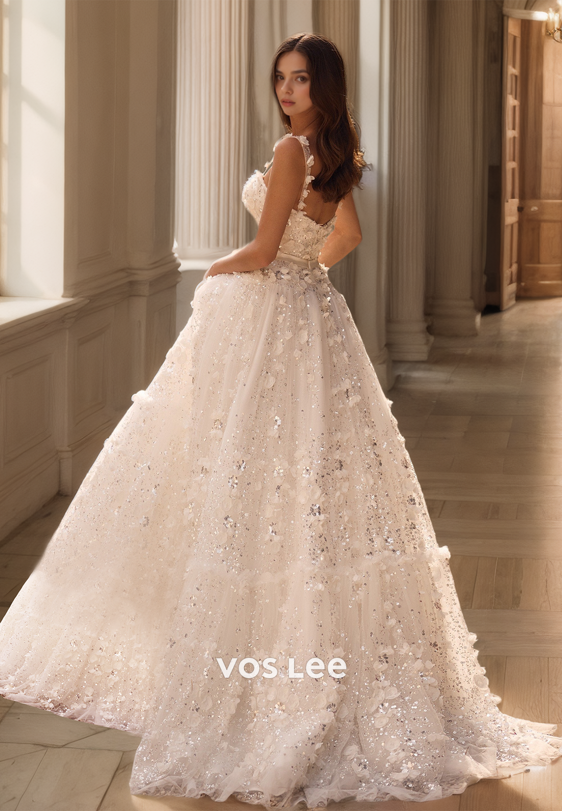Luxury A-Line V Neck Sleeveless Sequins 3D Flowers Bow Sweep Train Tulle Prom Birthday Dress