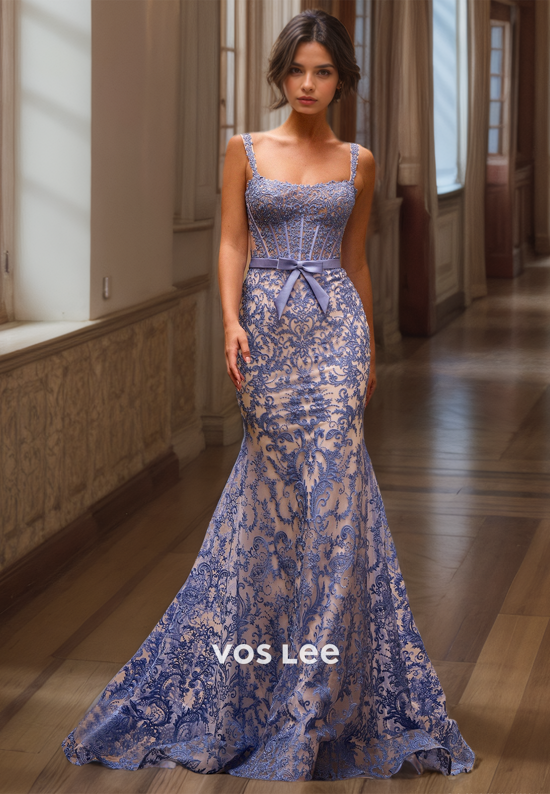 Graceful Column Square Neck Bow Belt Lace Appliques Pleated Mermaid Prom Party Dress