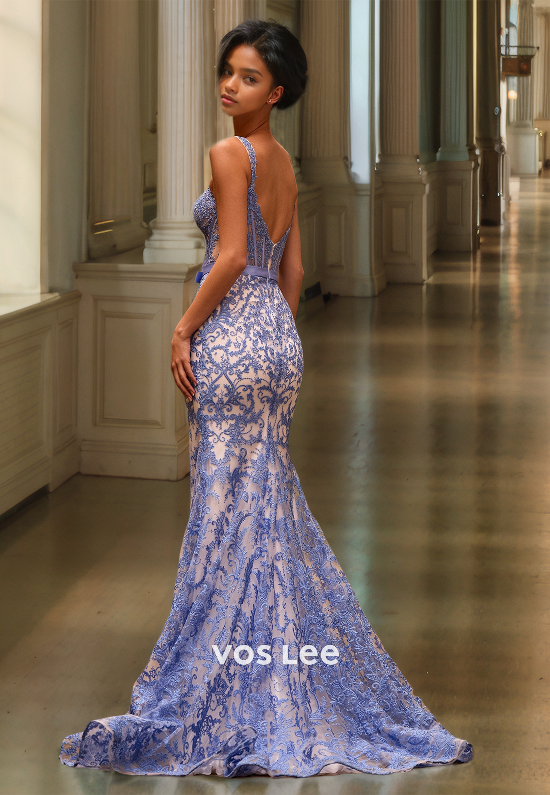 Graceful Column Square Neck Bow Belt Lace Appliques Pleated Mermaid Prom Party Dress