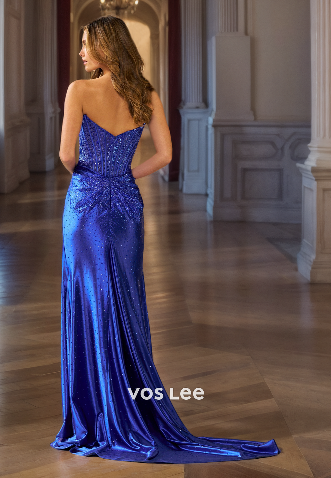 Sparkly Sheath Strapless Back Zipper High Split Sweep Train Sequins Prom Evening Dress