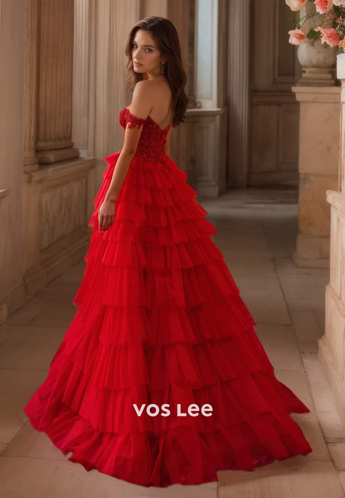 Gorgeous A-Line Off Shoulder Lace Appliques Tiered Back Zipper Tulle Prom Birthday Dress