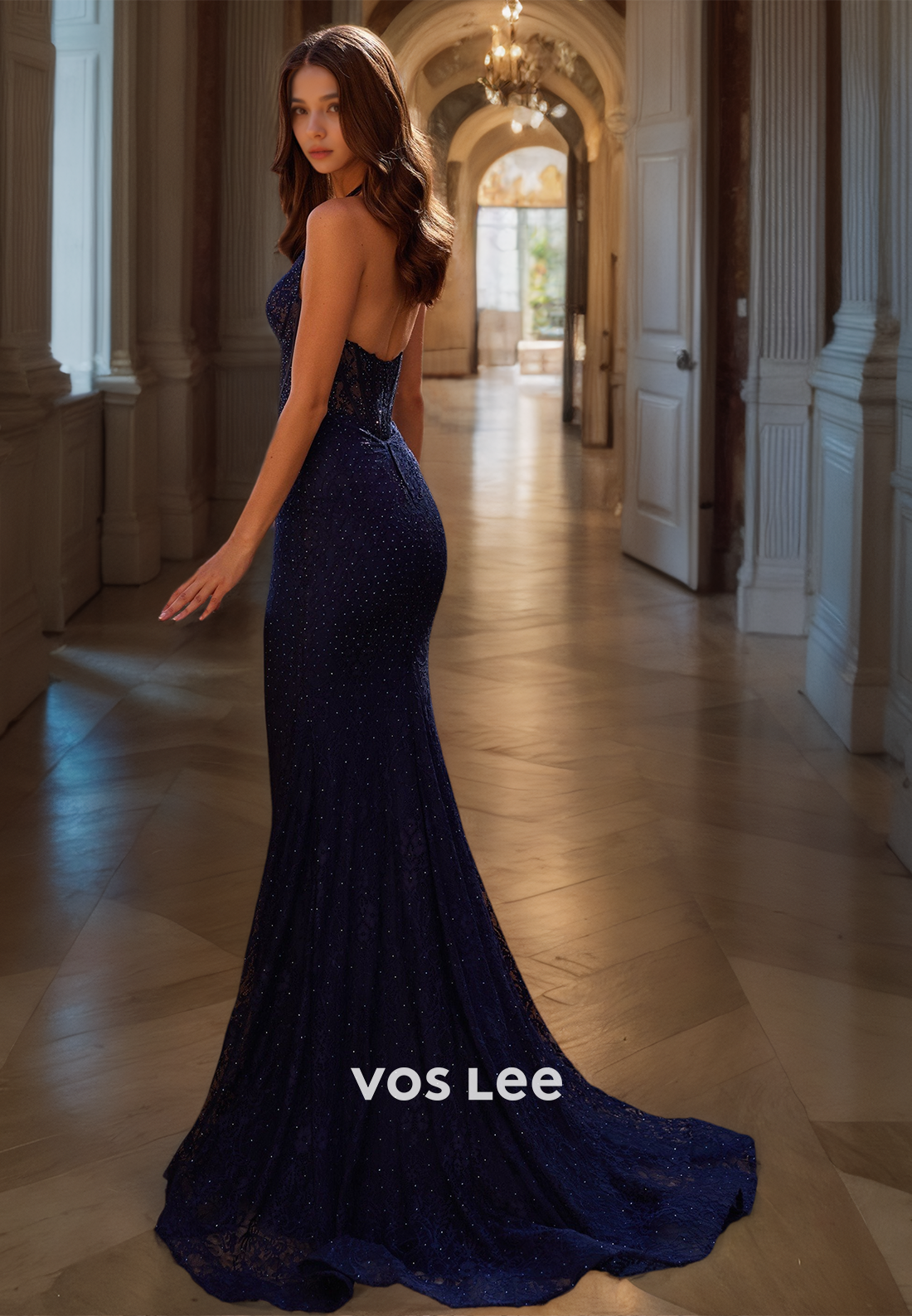Graceful Column Plunging V Neck Illusion Backless Lace Appliques Sequins Prom Holiday Dress