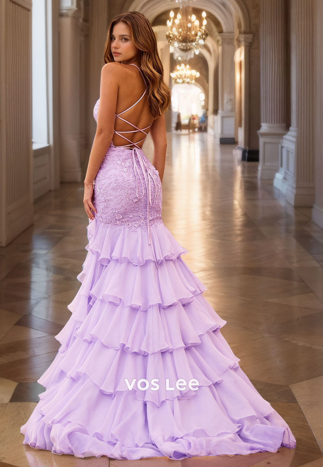 Gorgeous Sheath V Neck Spaghetti Straps Lace Appliques Side Split Lace Up Prom Party Dress