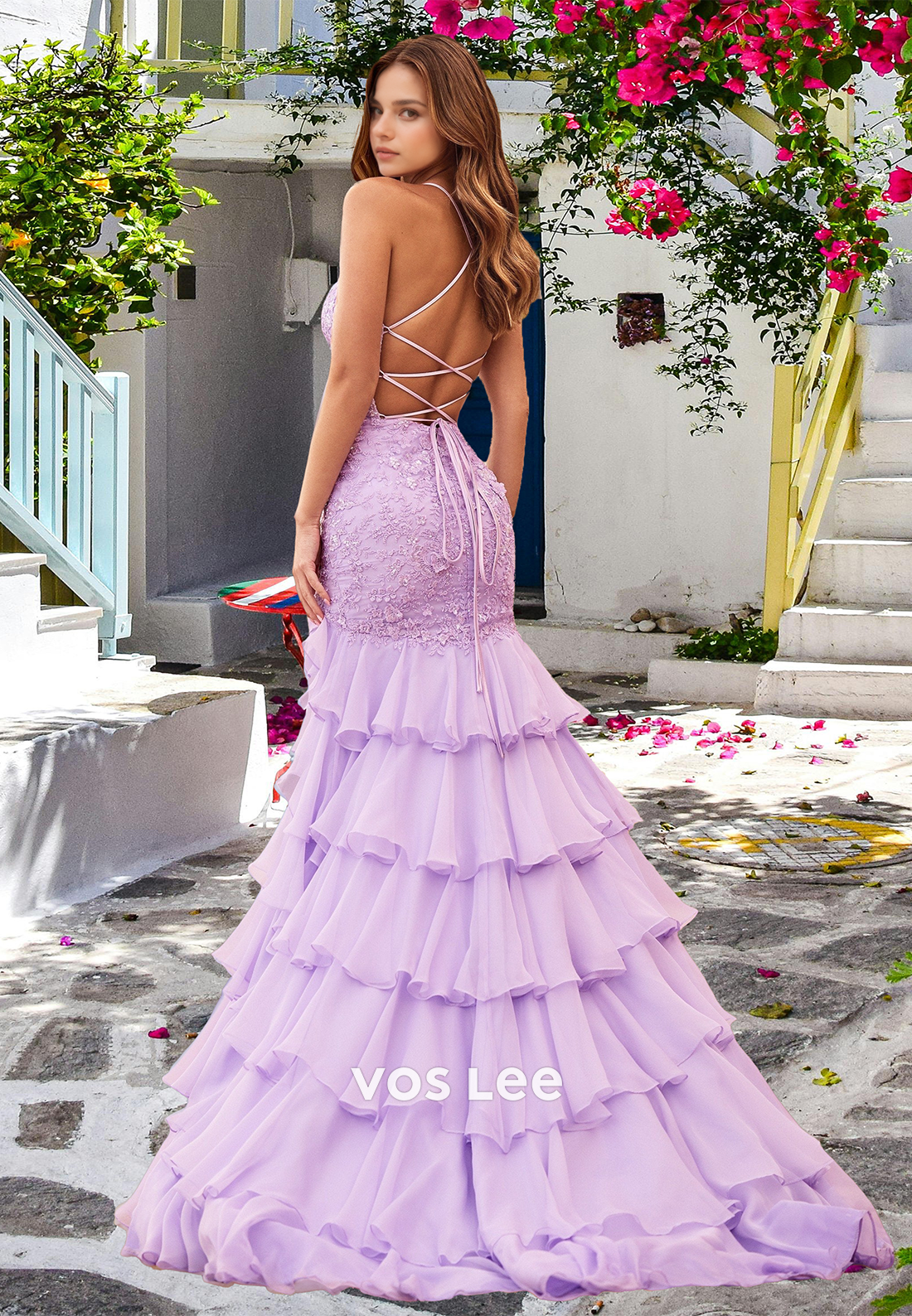 Graceful Trumpet V Neck Spaghetti Straps Lace Up Tiered Lace Lilac Prom Party Dress