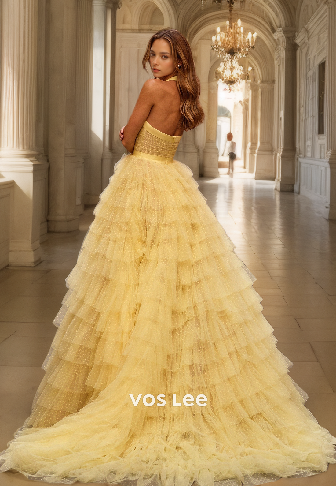 Graceful A-Line V Neck Halter Back Zipper Tiered Sweep Train Tulle Prom Dress with Split