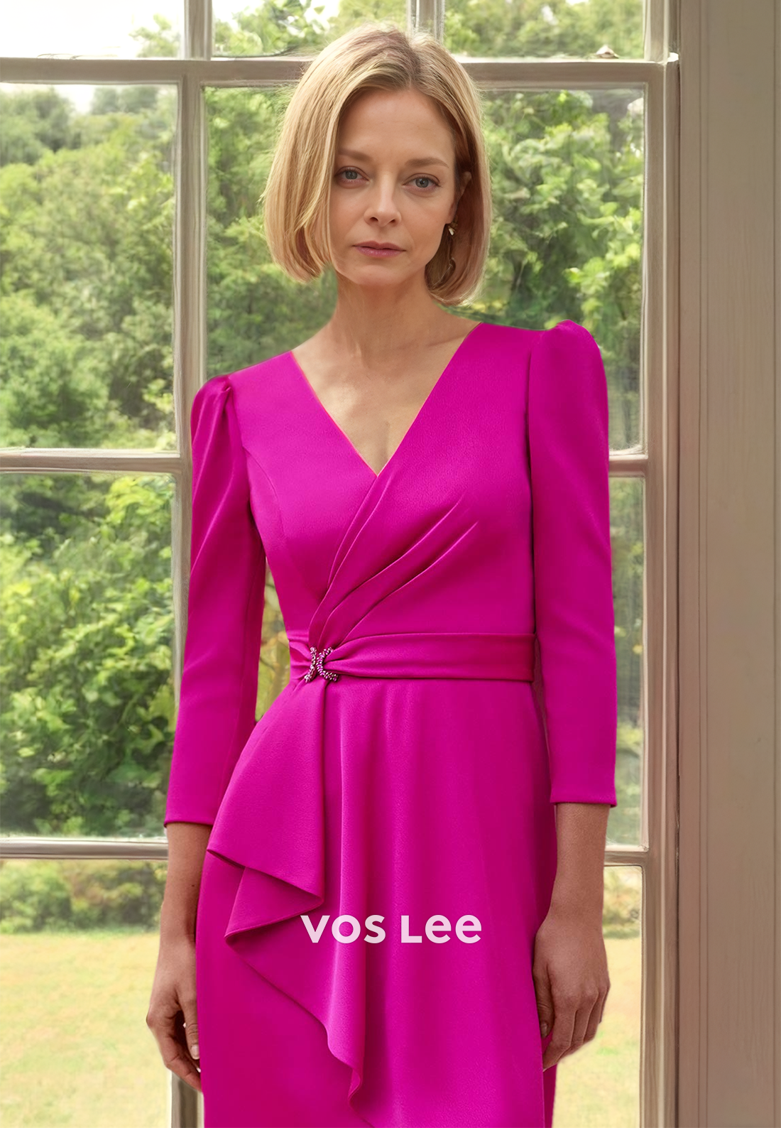 Classy Sheath V Neck Long Sleeves High Low Satin Mother of the Bride Dress