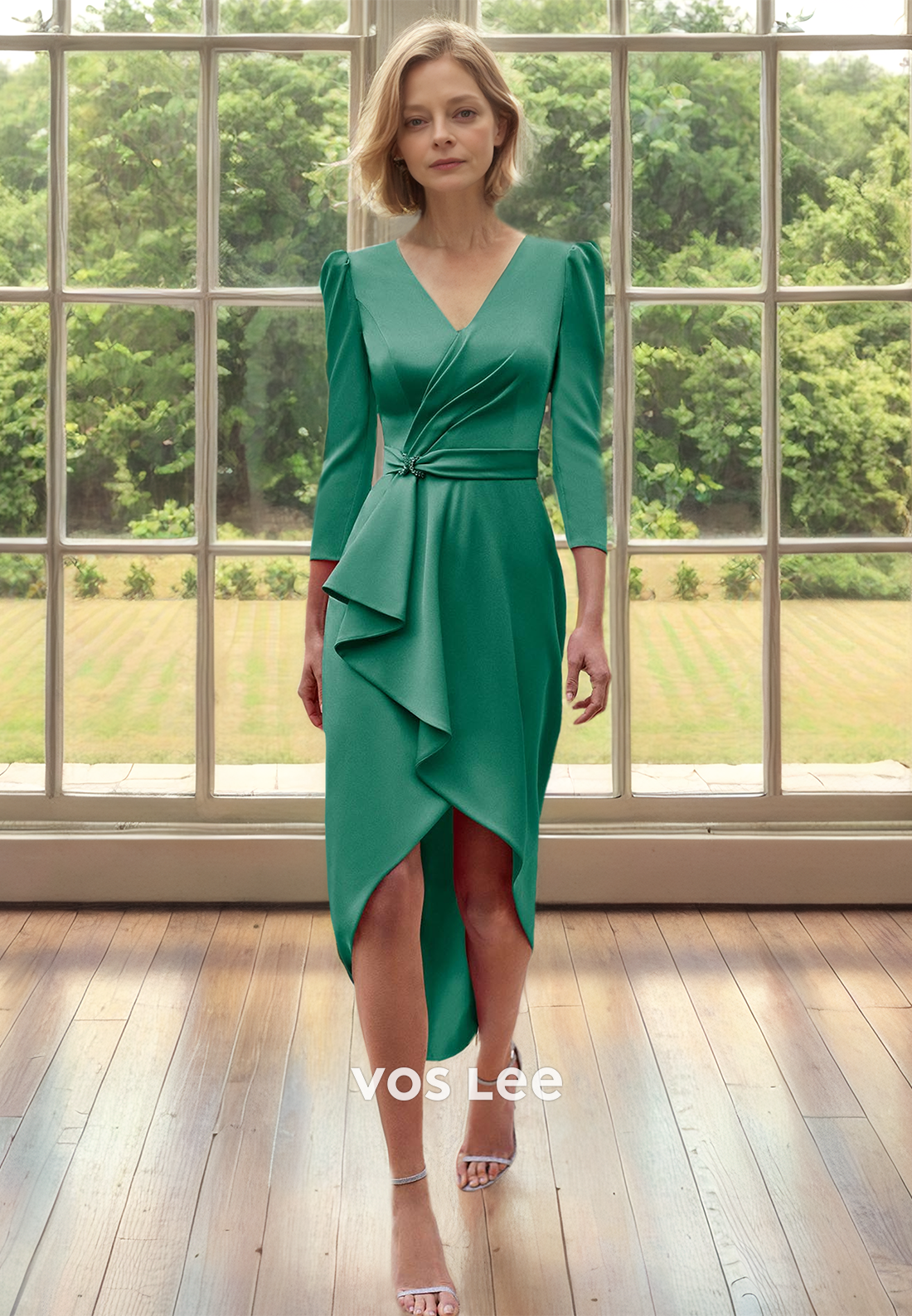 Classy Sheath V Neck Long Sleeves High Low Satin Mother of the Bride Dress