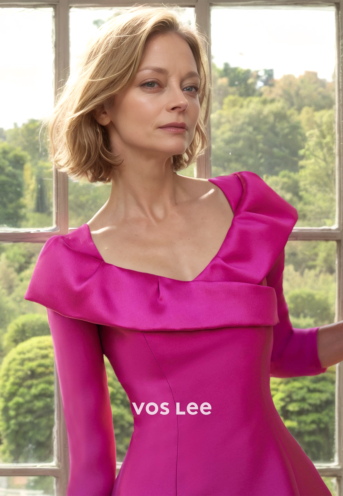 Simple A-Line V Neck Half Sleeves Pleated Long Fuchsia Satin Mother of the Bride Dress
