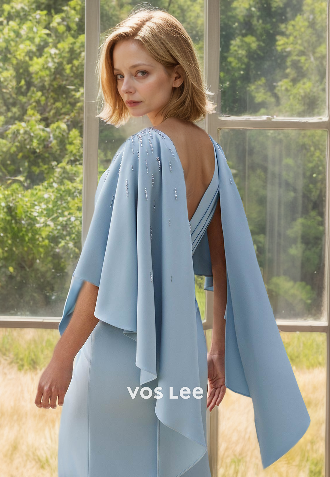 Simple Column V Neck Half Sleeves Side Split Floor Length Mother of the Bride Dress