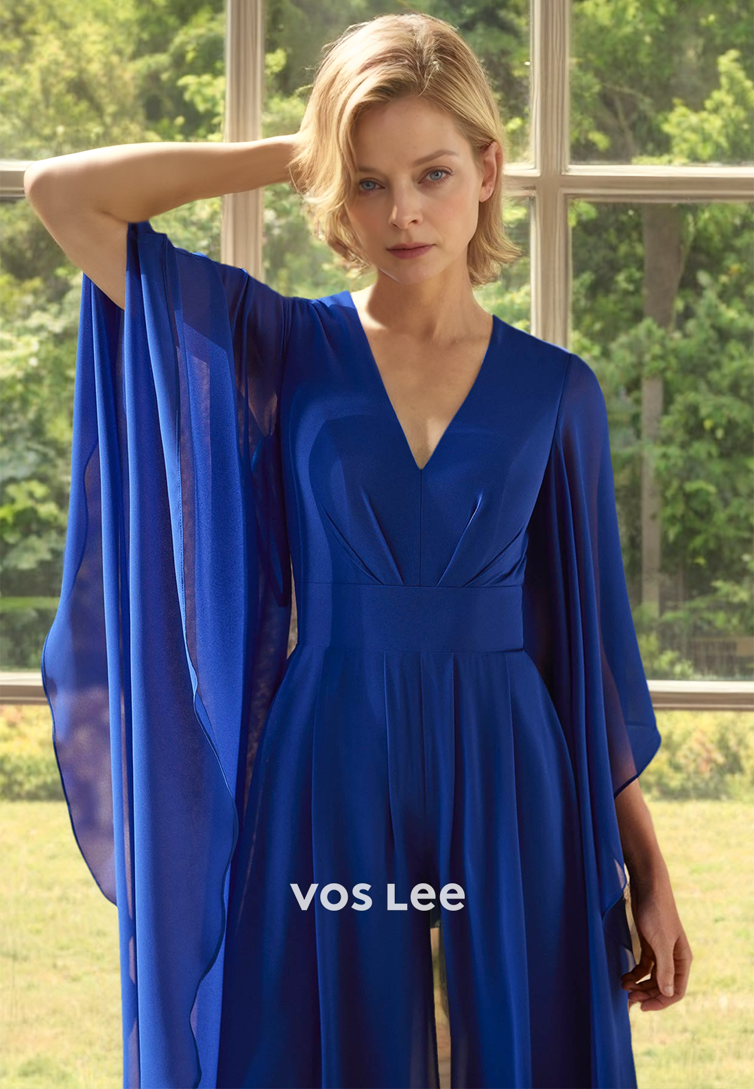 Modest V Neck Long Sleeves Jumpsuits Long Satin Mother of the Evening Dress