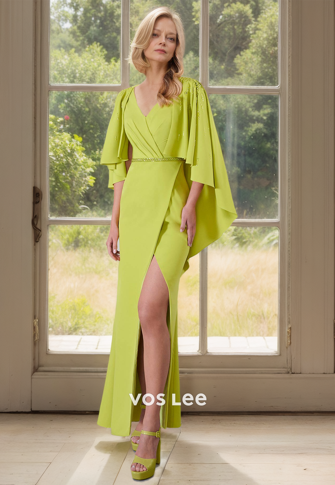 Simple Column V Neck Half Sleeves Side Split Floor Length Mother of the Bride Dress