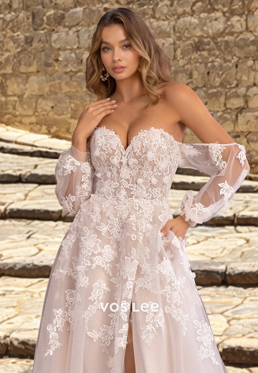 A-Line Off Shoulder Long Sleeves Lace Appliques High Split Tulle Wedding Gown