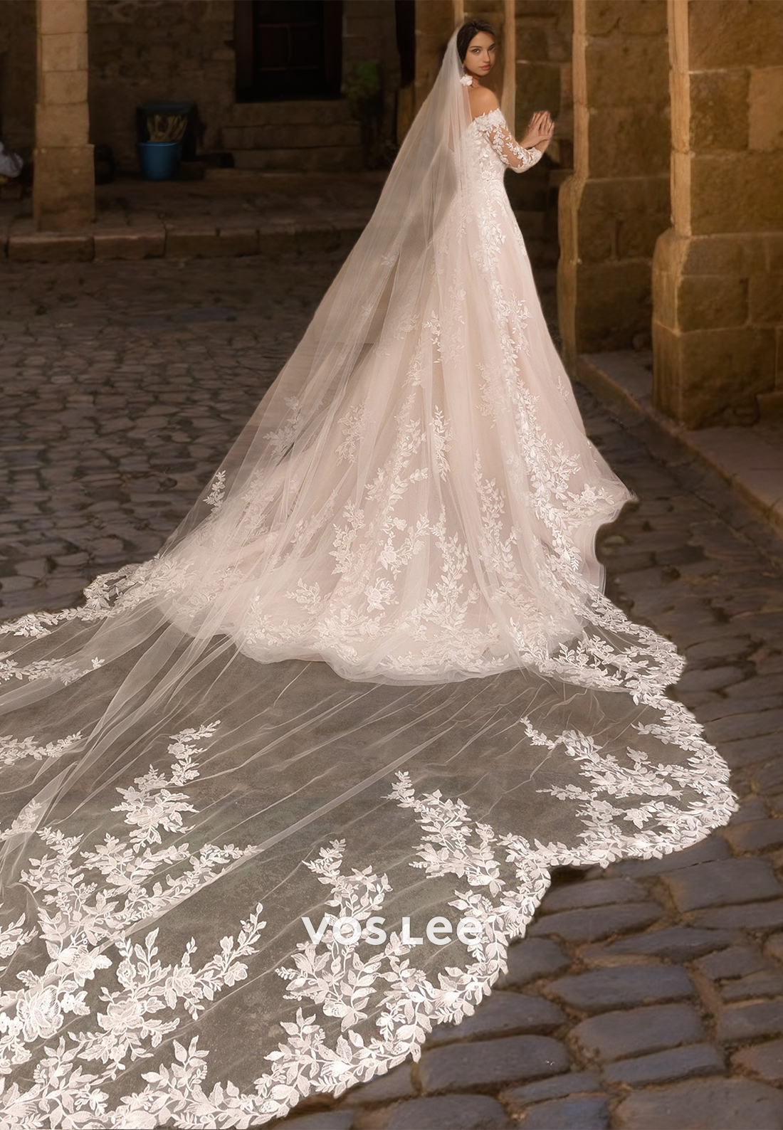 Gorgeous A-Line Off Shoulder Court Train Lace Appliques Tulle Wedding Gown