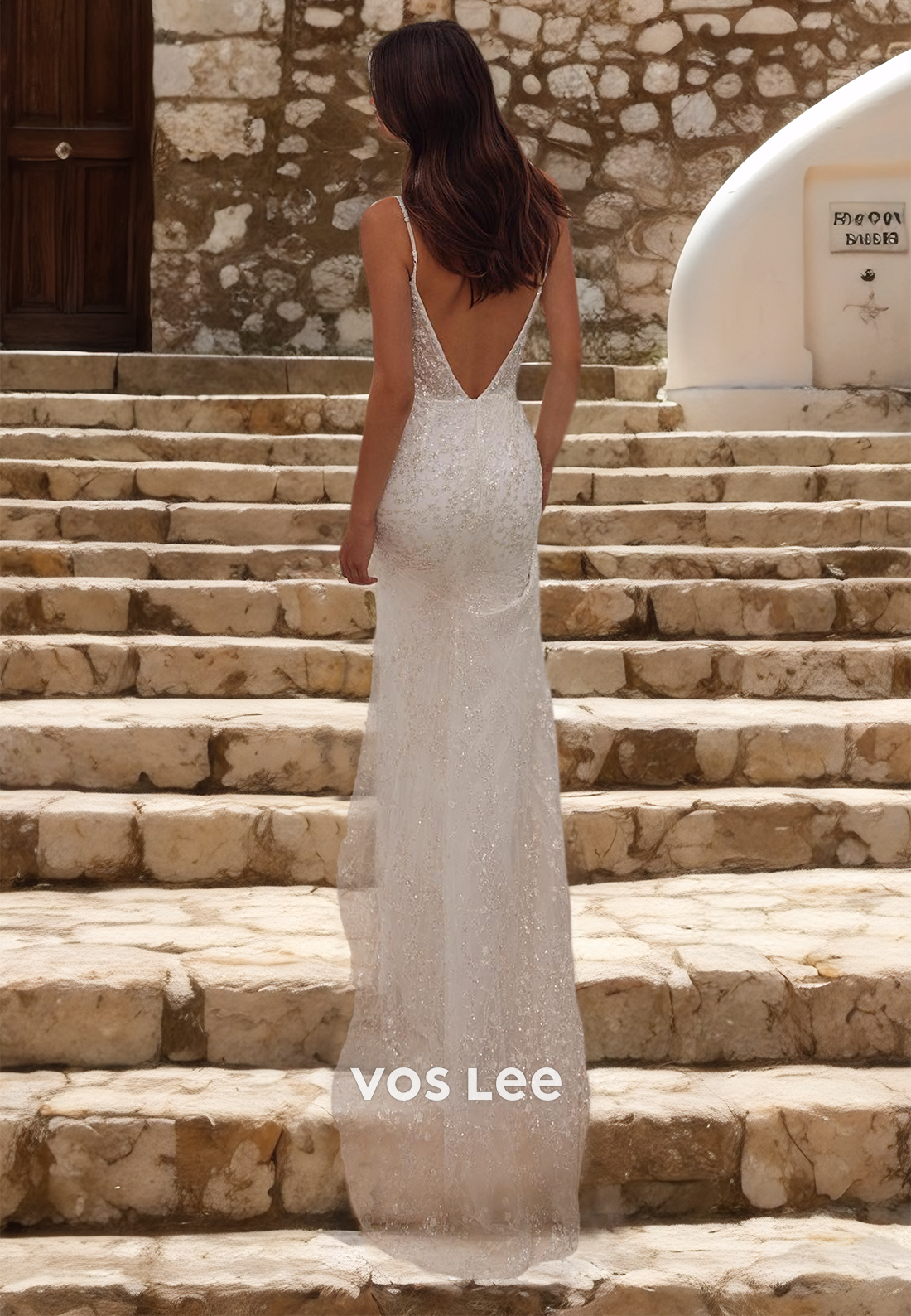 Graceful Column Plunging V Neck Spaghetti Straps Backless Lace Appliques Wedding Dress