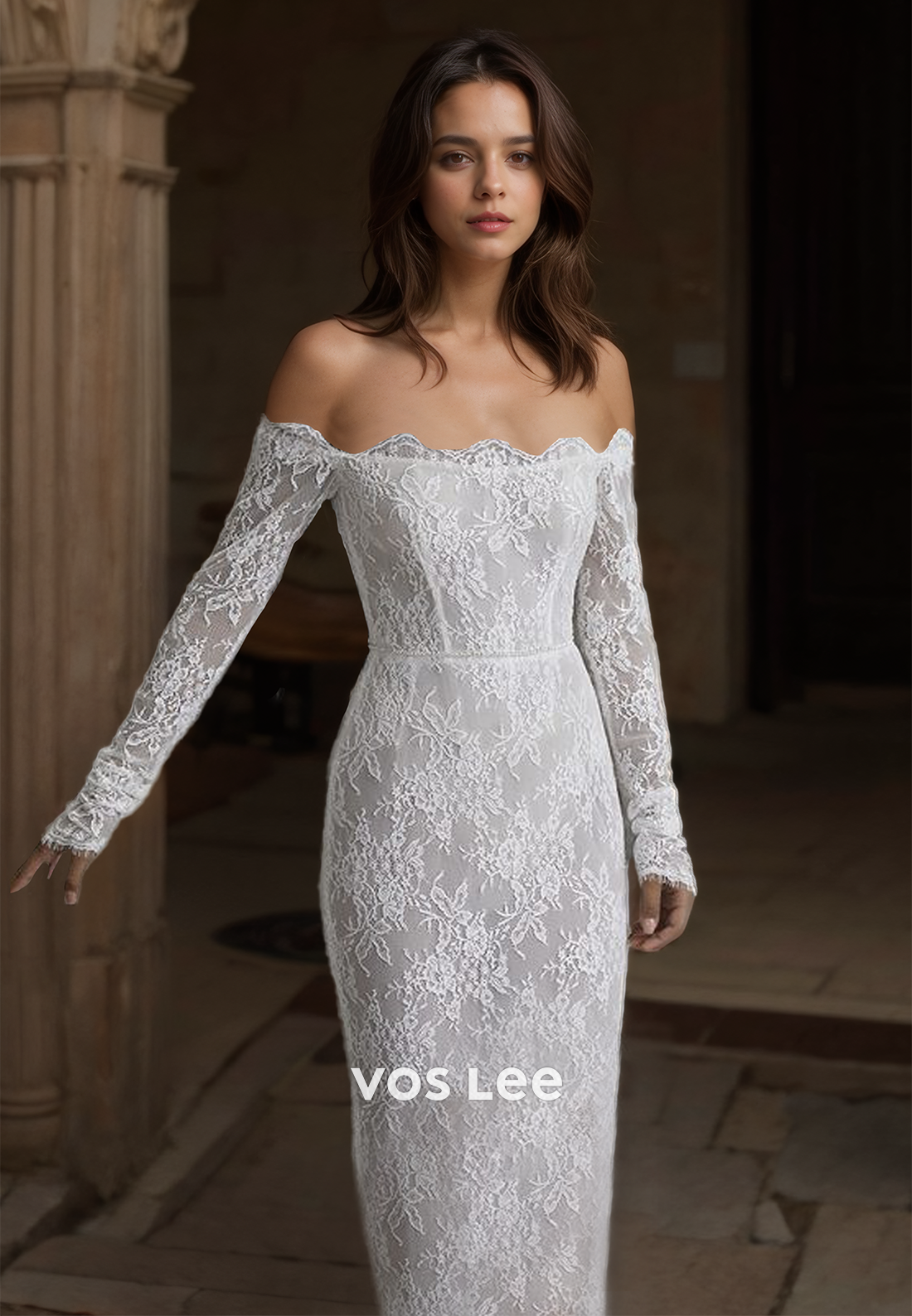 Luxury Off Shoulder Long Sleeves Mermaid Lace Appliques Wedding Bride Dress