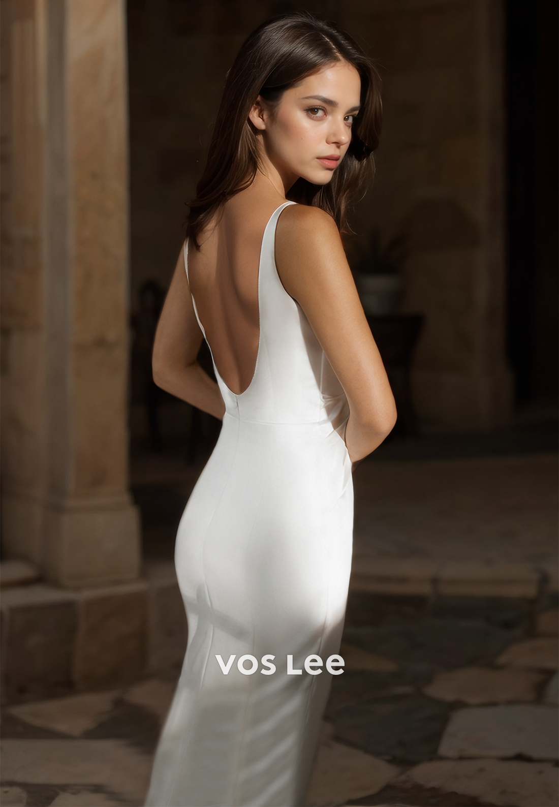 Sexy Column V Neck Spaghetti Straps Side Split Backless Satin Wedding Dress