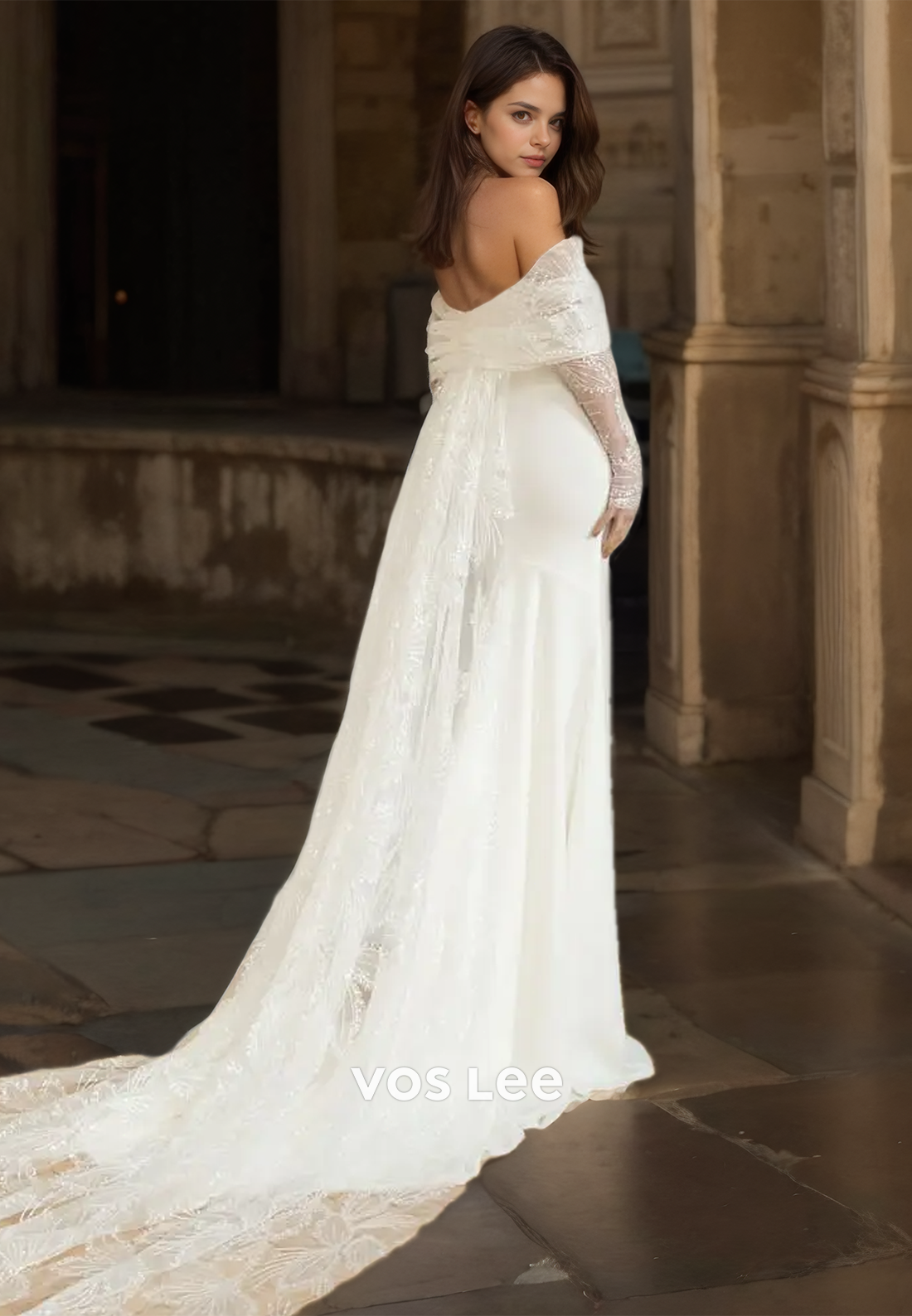 Graceful Sheath Off Shoulder Court Train Long Sleeves Pleated Tulle Wedding Gown