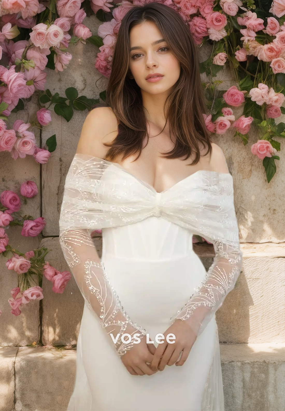 Graceful Sheath Off Shoulder Court Train Long Sleeves Pleated Tulle Wedding Gown