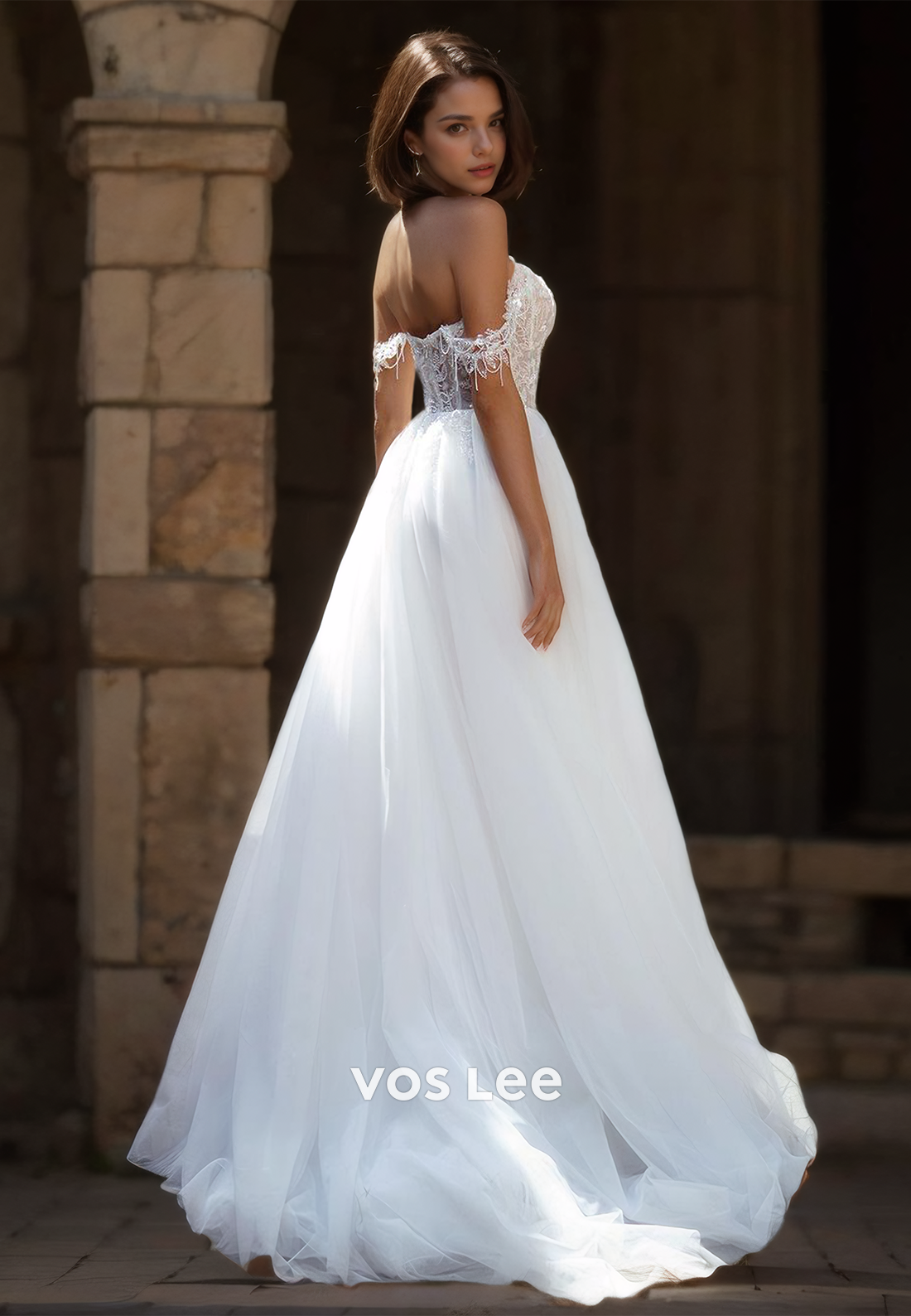 Charming A-Line Off Shoulder Lace Appliques Pleated Tulle Wedding Gown