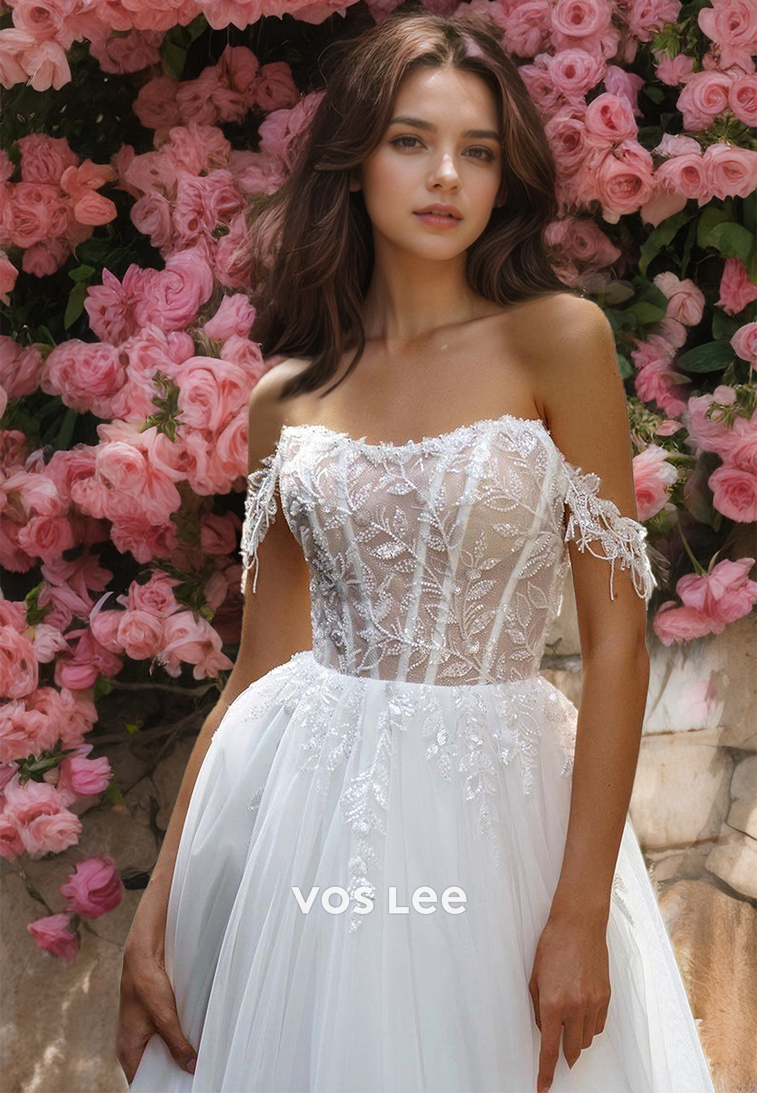 Charming A-Line Off Shoulder Lace Appliques Pleated Tulle Wedding Gown