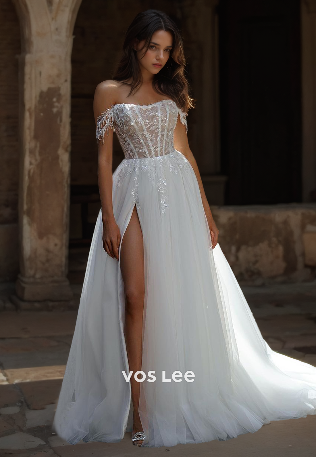 Charming A-Line Off Shoulder Lace Appliques Pleated Tulle Wedding Gown