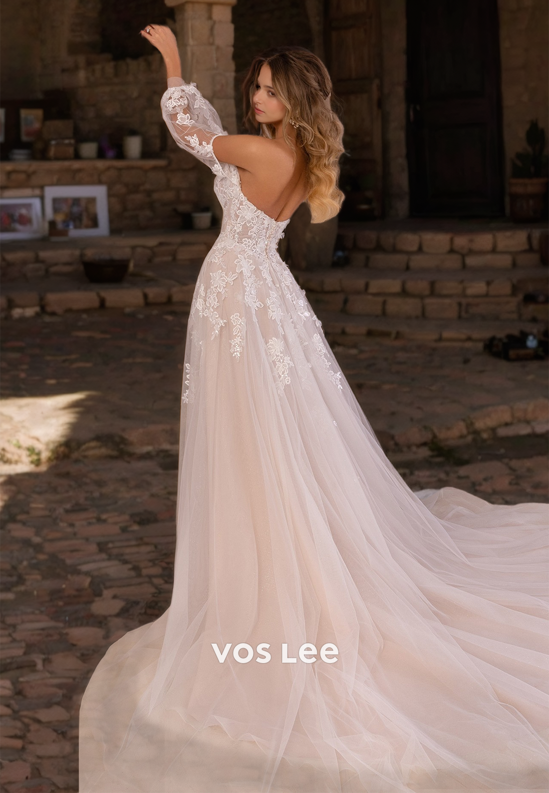 A-Line Off Shoulder Long Sleeves Lace Appliques High Split Tulle Wedding Gown