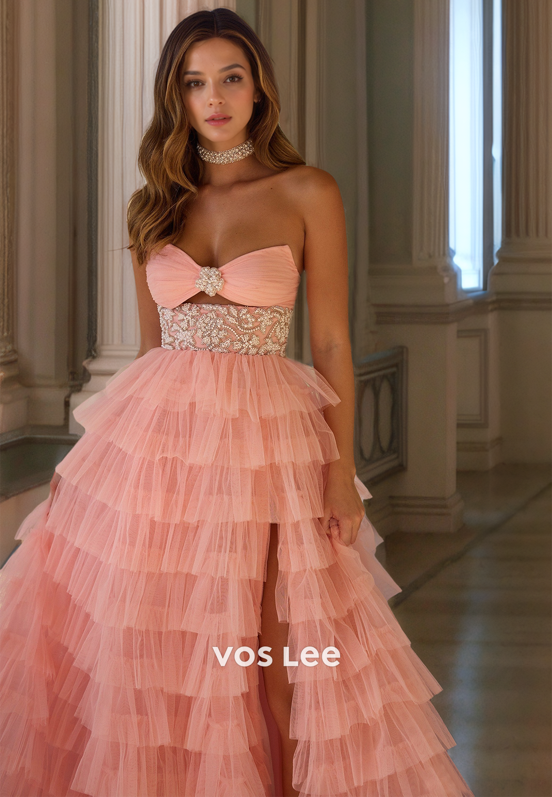 Gorgeous A-Line Sweetheart Backless High Split Sweep Train Tiered Tulle Prom Party Dress