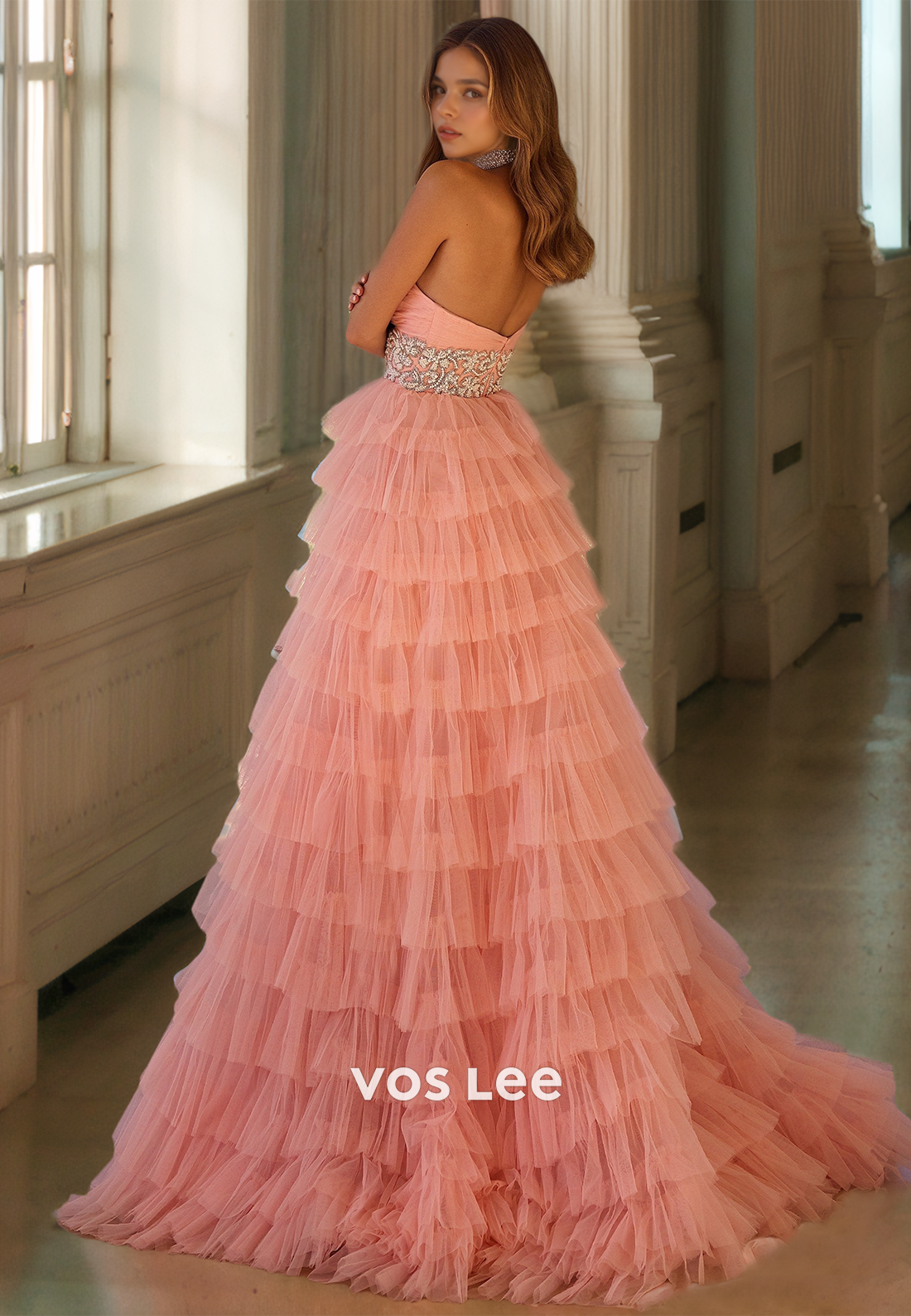 Gorgeous A-Line Sweetheart Backless High Split Sweep Train Tiered Tulle Prom Party Dress