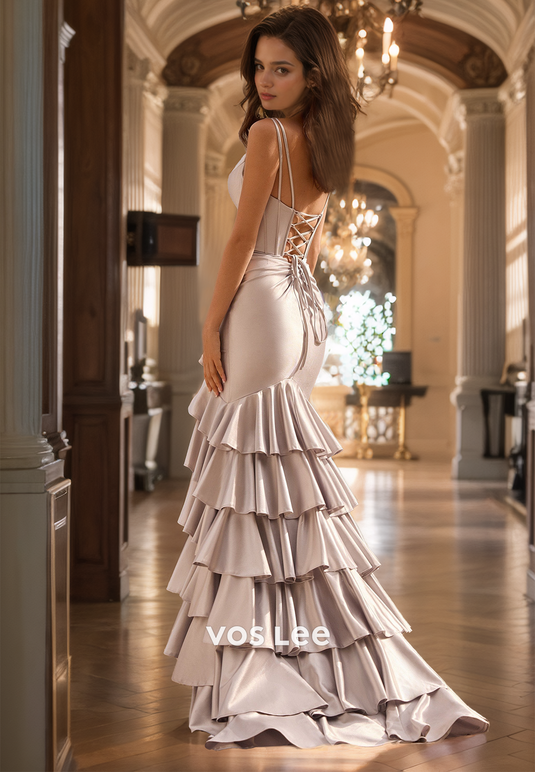 Sexy Column V Neck Lace Up Sleeveless Tiered Side Split Satin Prom Formal Dress