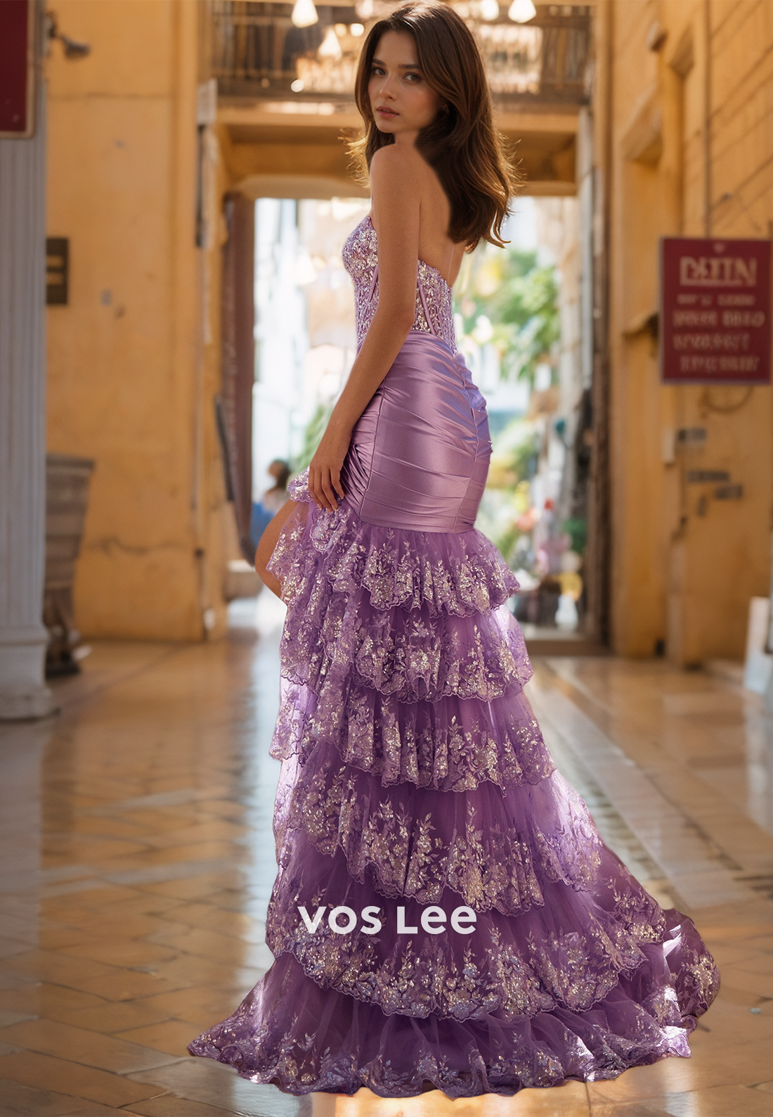 Graceful Strapless Column Back Zipper Ruched Sequins Tiered Tulle Prom Party Dress with Split