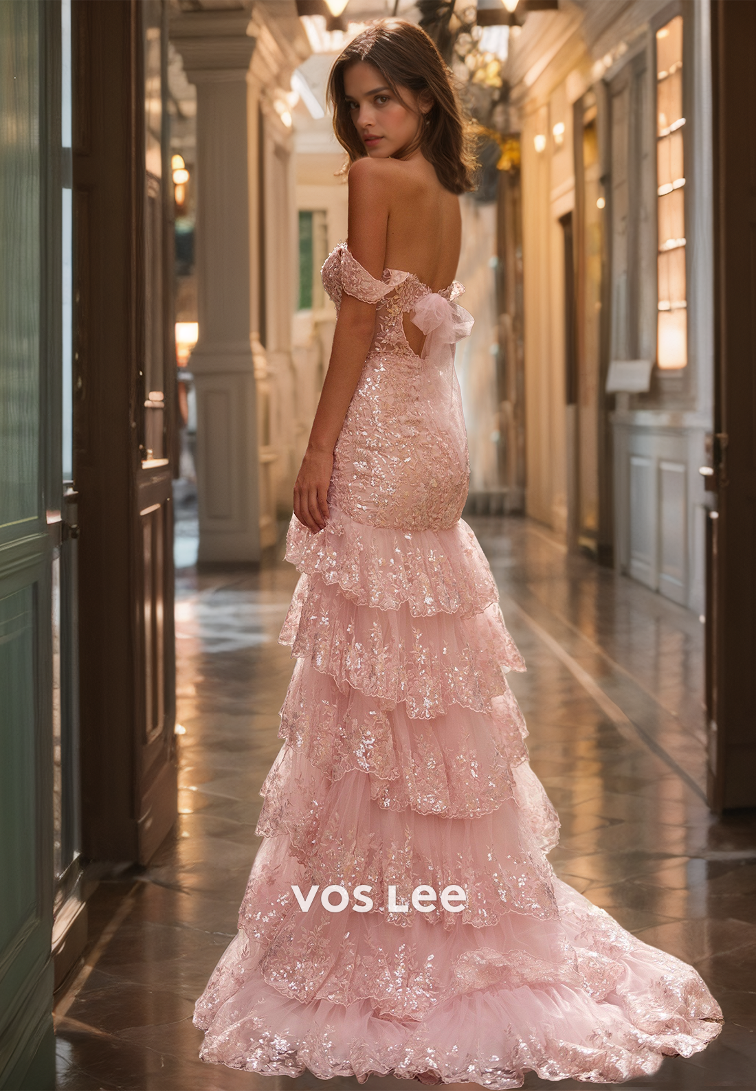 Gorgeous Sheath Off Shoulder Tie Sleeveless Lace Appliques Sequins Pink Prom Graduation Dress