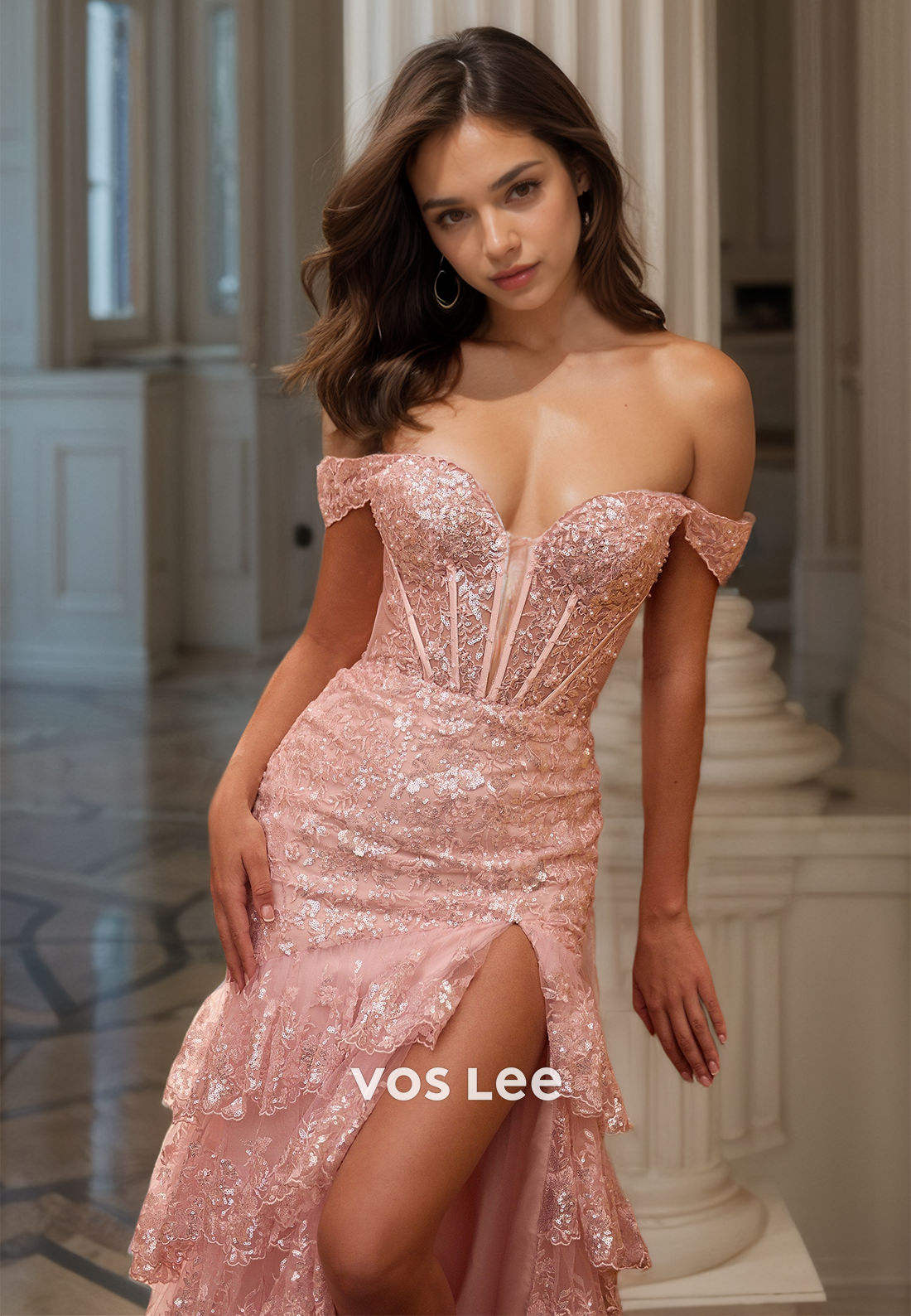 Gorgeous Sheath Off Shoulder Tie Sleeveless Lace Appliques Sequins Pink Prom Graduation Dress