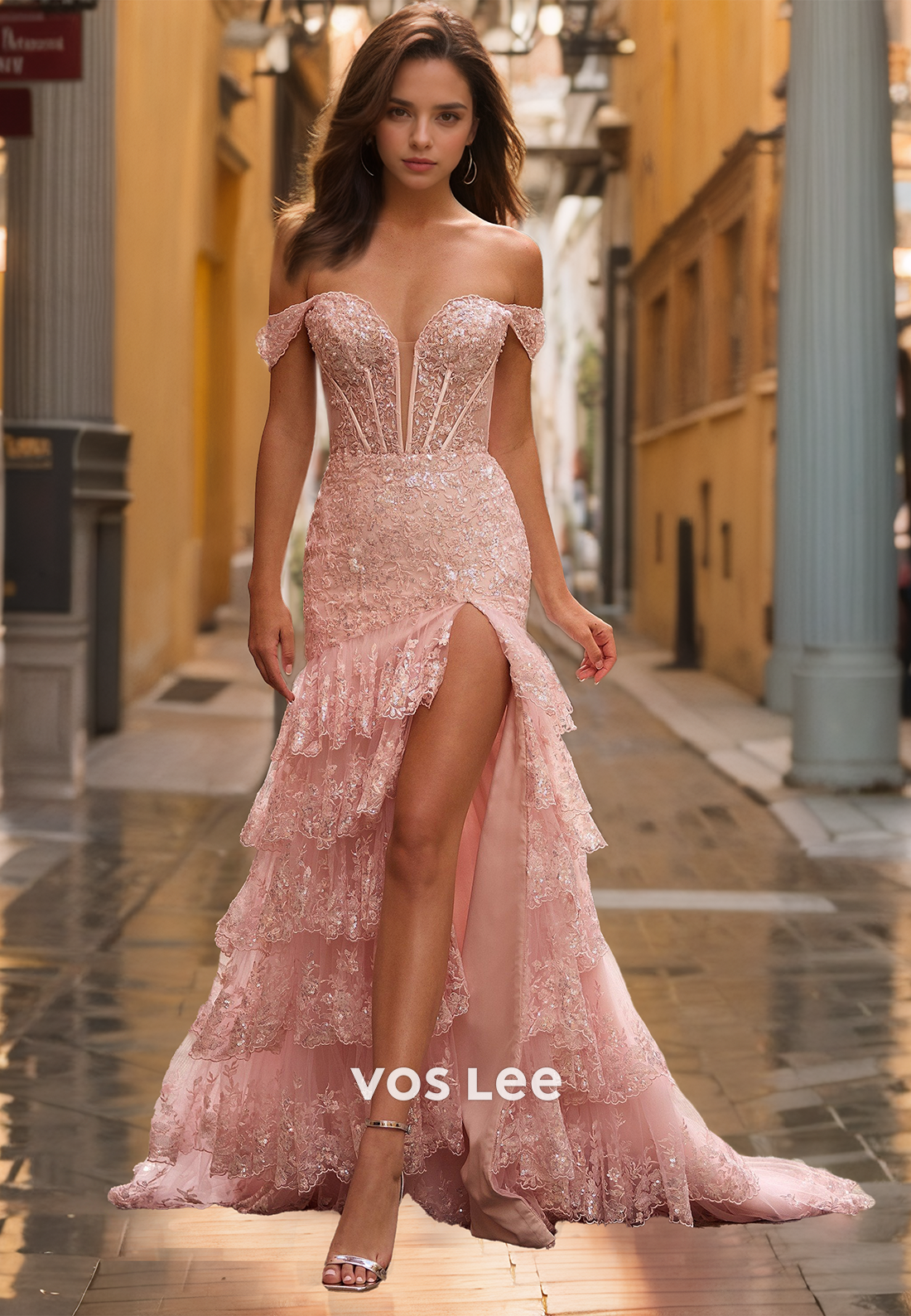 Gorgeous Sheath Off Shoulder Tie Sleeveless Lace Appliques Sequins Pink Prom Graduation Dress
