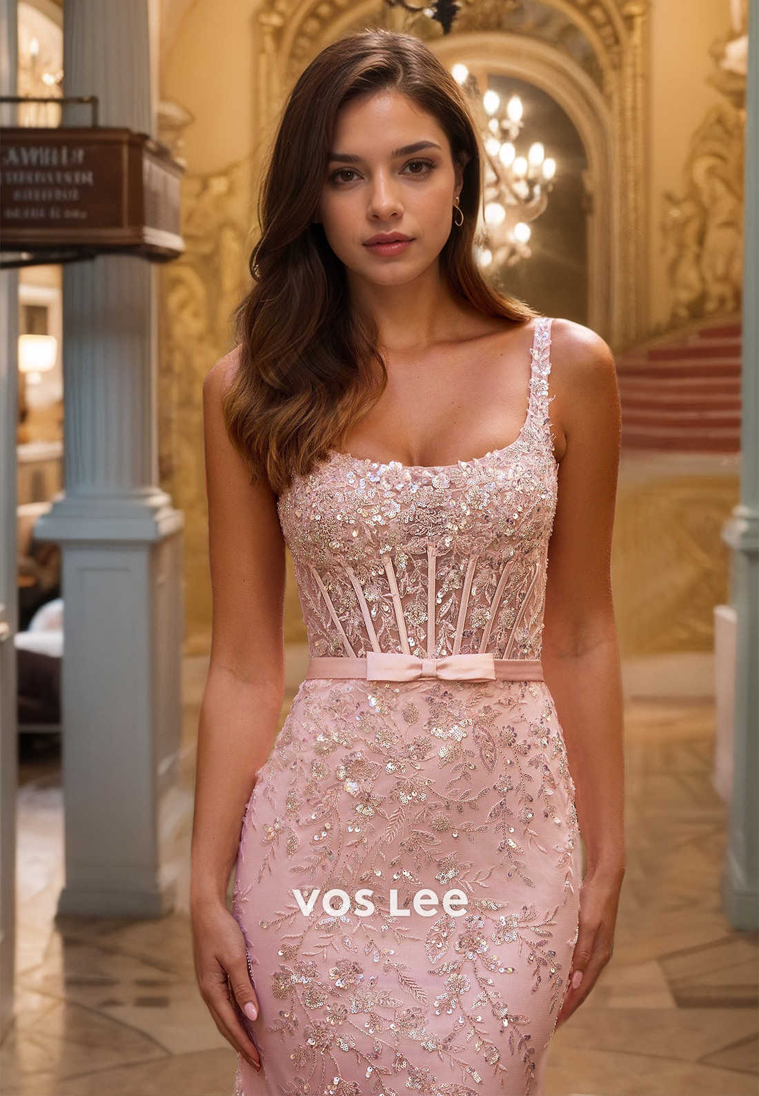 Luxury Sheath Scoop Neck Lace Appliques Backless Sequins Pink Prom Evening Dress
