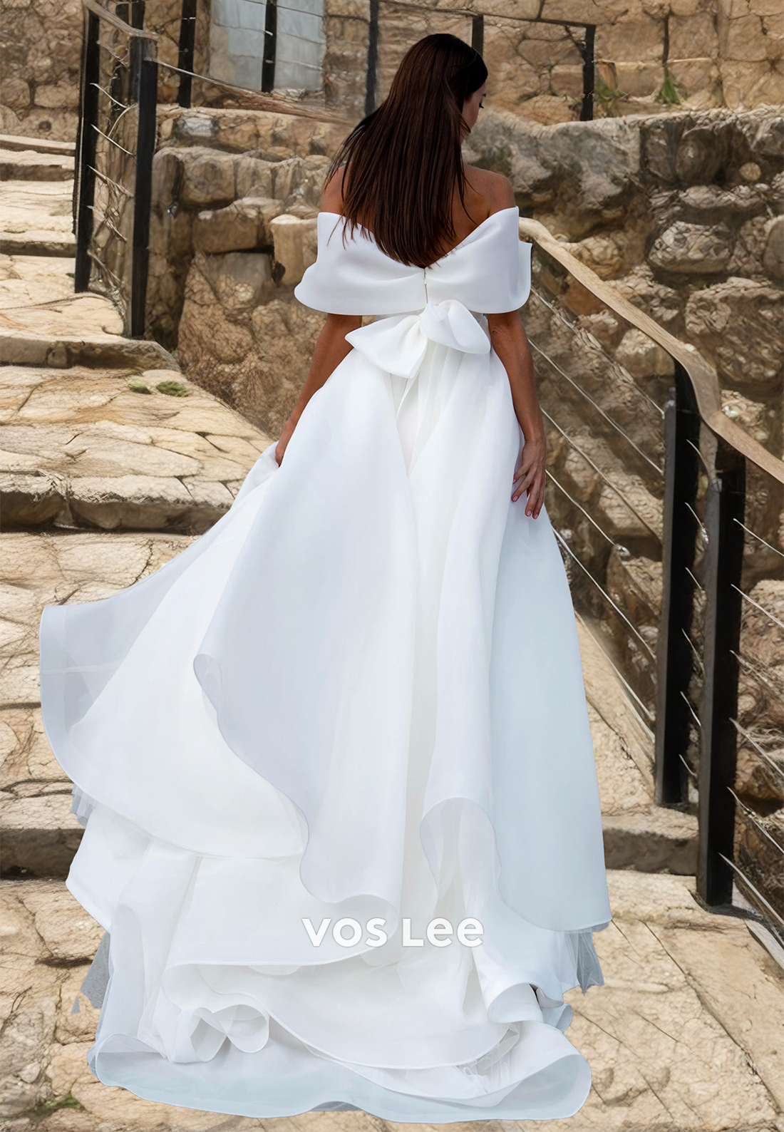 Graceful A-Line Off Shoulder Bow High Split Pleated Satin Wedding Gown