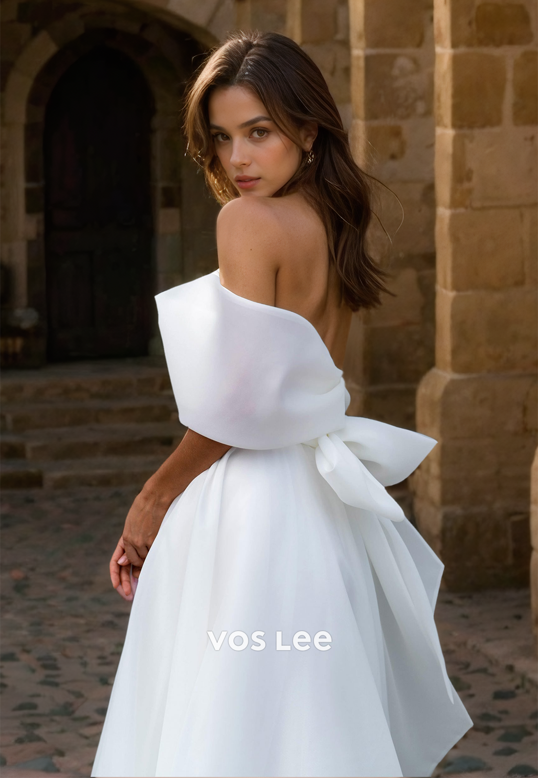 Graceful A-Line Off Shoulder Bow High Split Pleated Satin Wedding Gown
