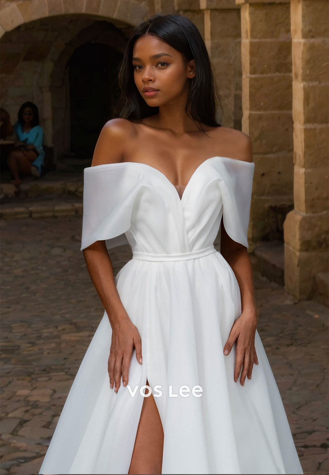 Graceful A-Line Off Shoulder Bow High Split Pleated Satin Wedding Gown