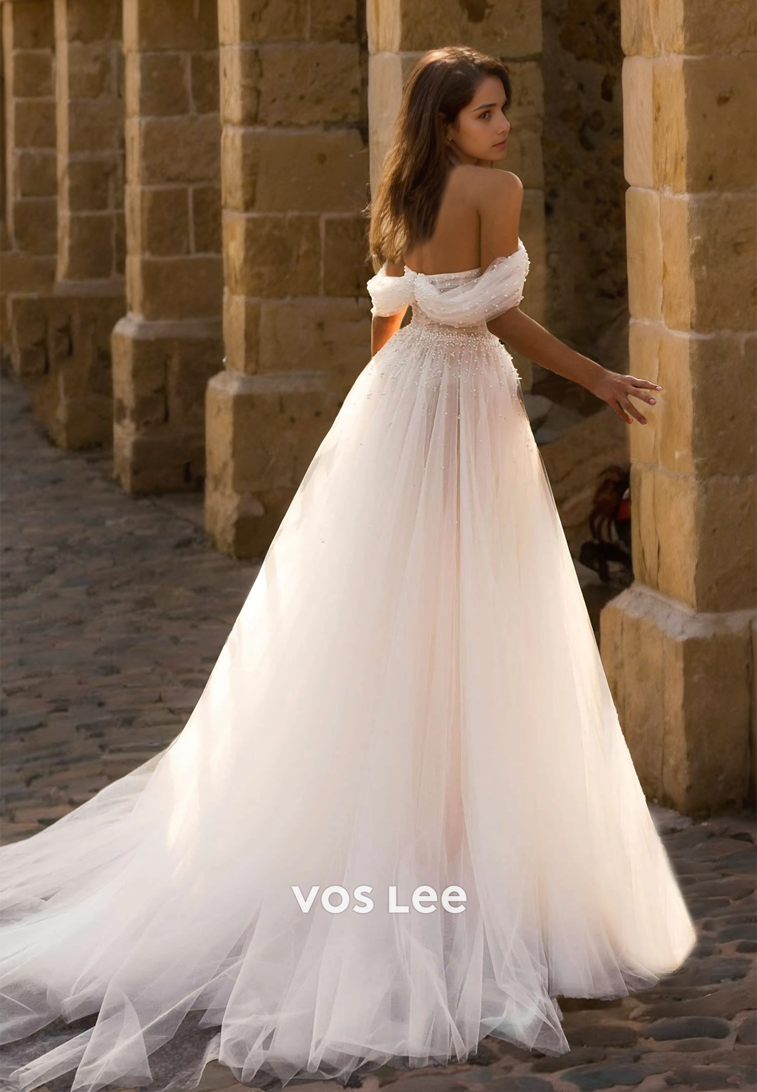 Graceful A-Line Off Shoulder Backless Beaded Pleated Tulle Wedding Bride Dress
