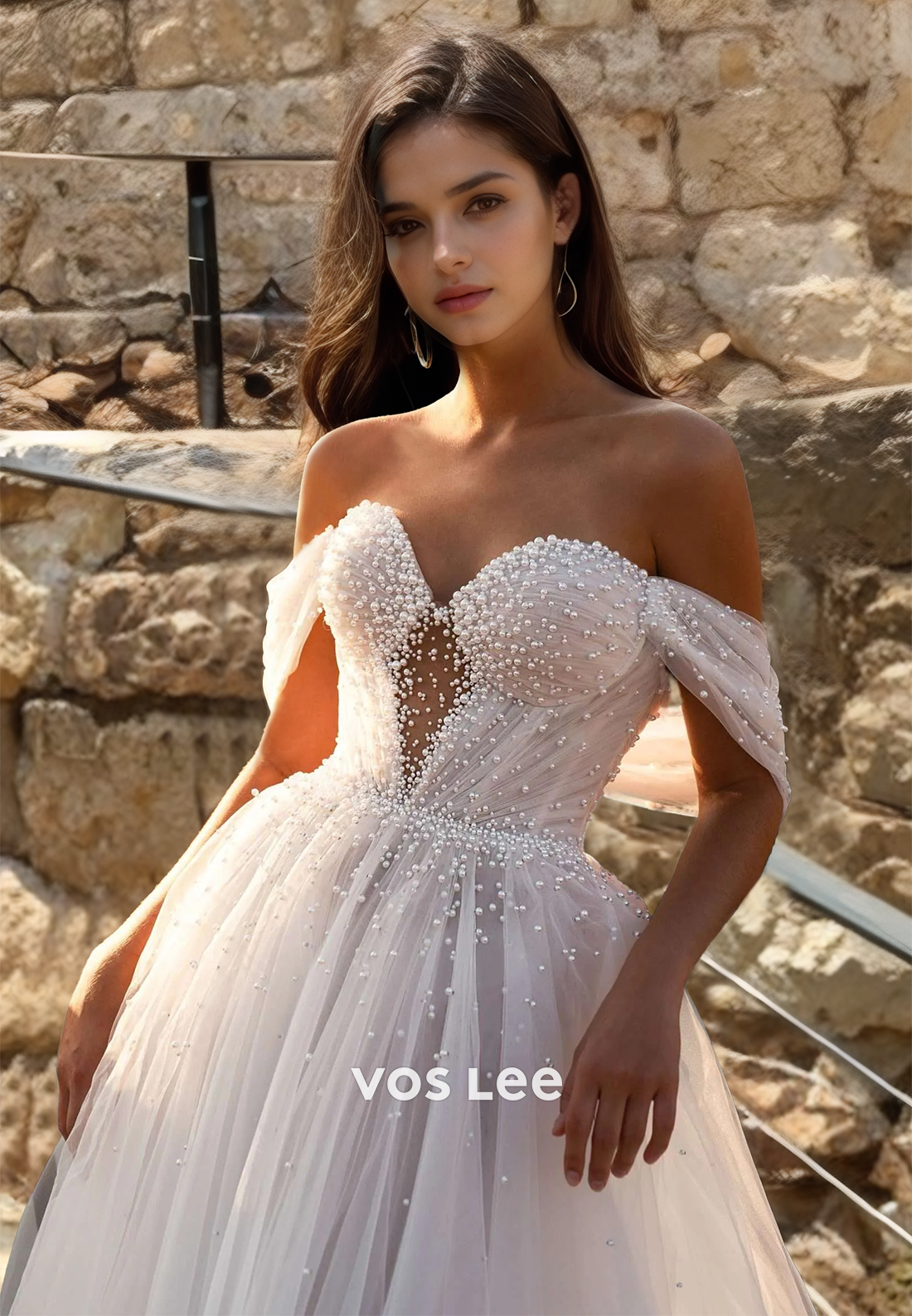 Graceful A-Line Off Shoulder Backless Beaded Pleated Tulle Wedding Bride Dress