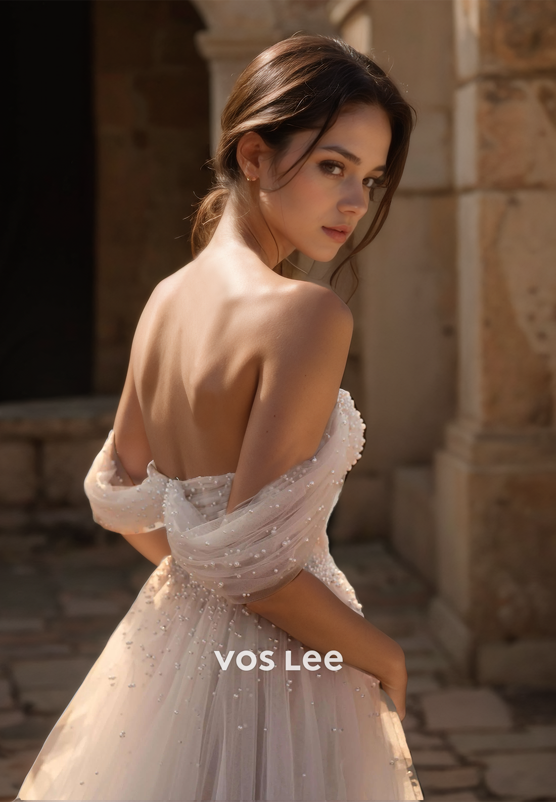 Graceful A-Line Off Shoulder Backless Beaded Pleated Tulle Wedding Bride Dress