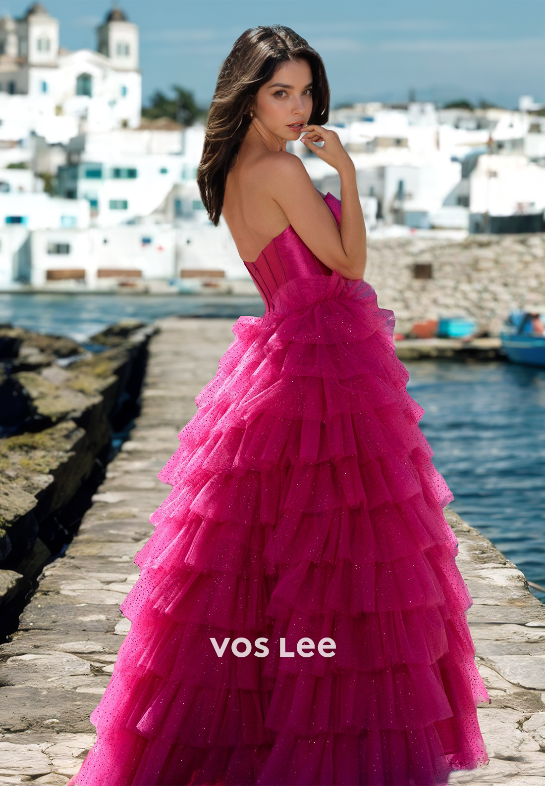 Fuchsia Sweetheart A-Line Side Split Tiered Tulle Sequins Prom Party Dress Glitter