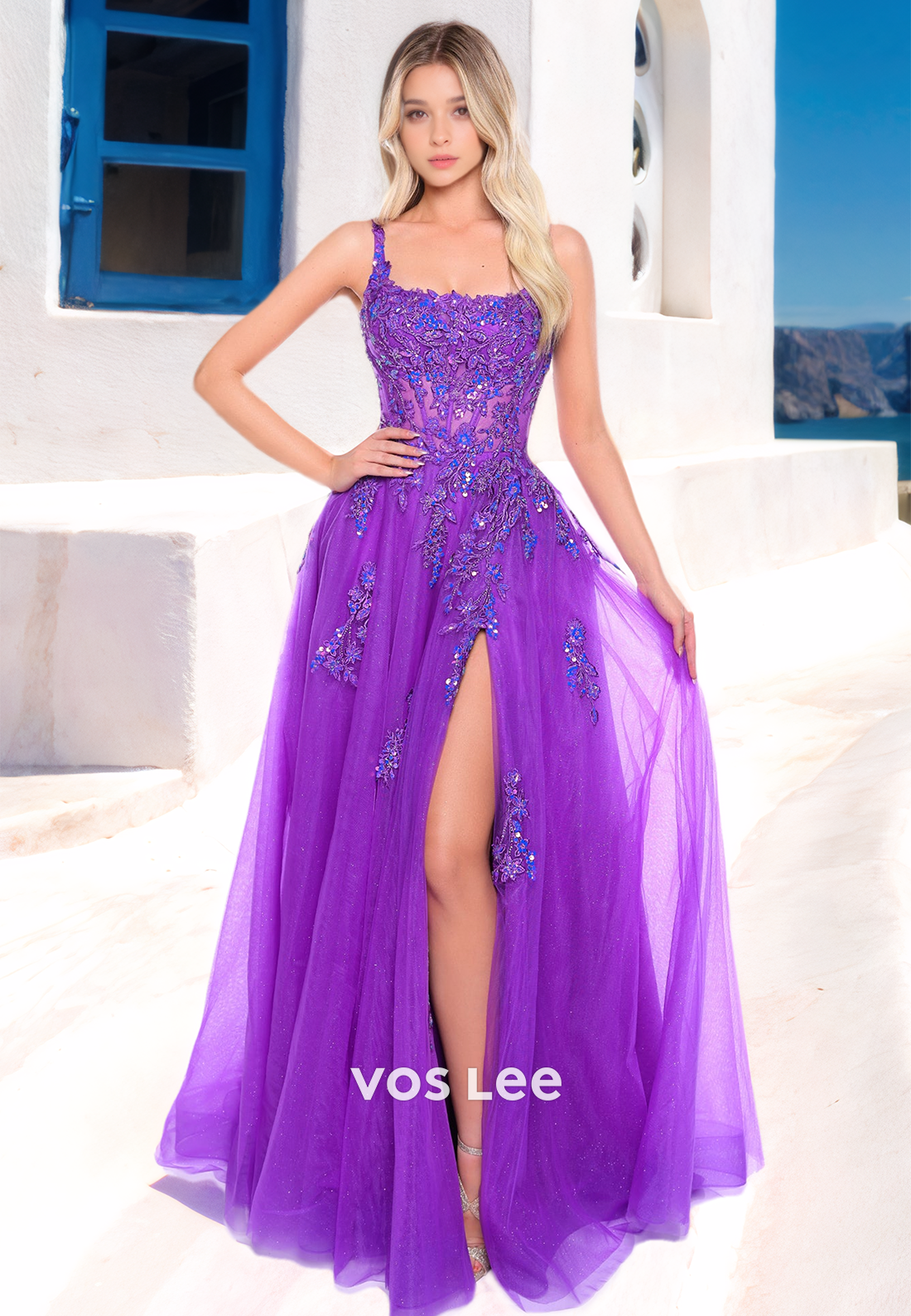 Charming A-Line Scoop Neck Spaghetti Straps High Split Sequins Tulle Prom Formal Dress