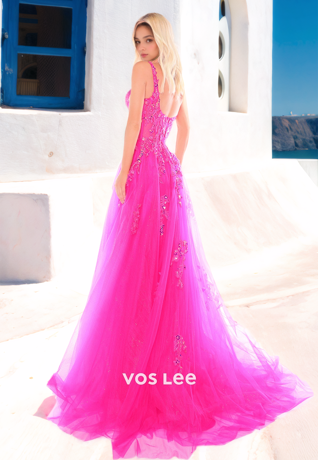 Charming A-Line Scoop Neck Spaghetti Straps High Split Sequins Tulle Prom Formal Dress