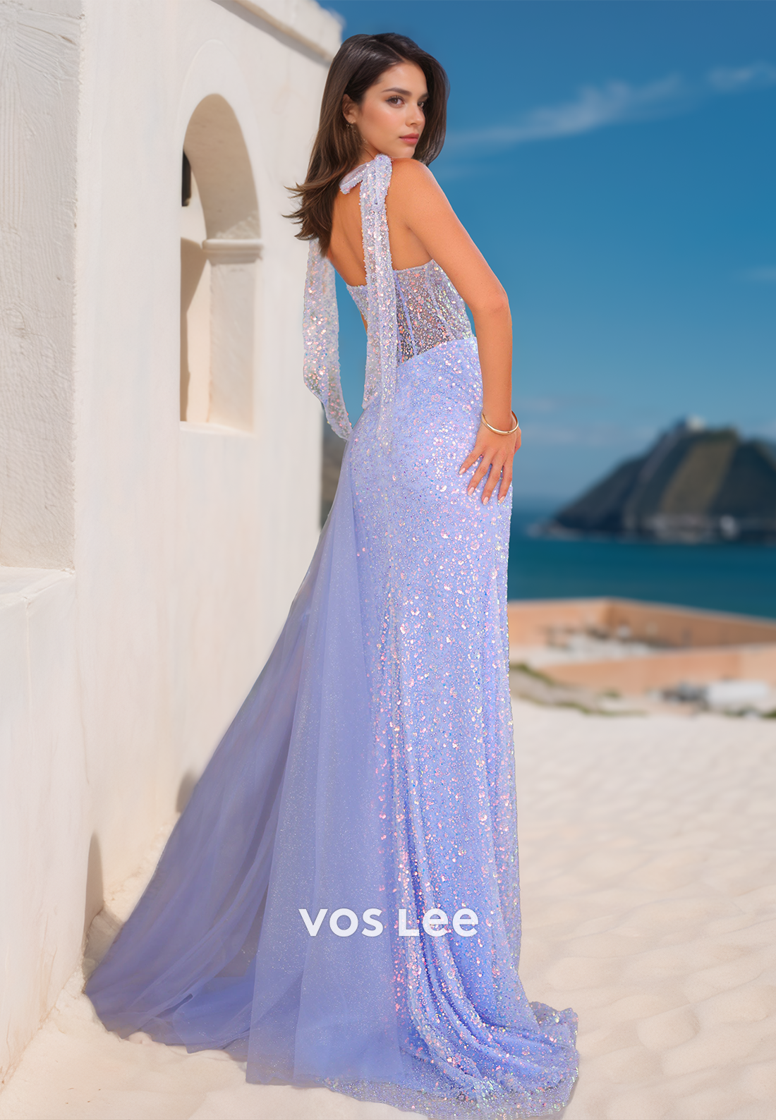 Gorgeous Column V Neck Back Zipper Sweep Train Sequins Tulle Prom Pageant Dress with Split