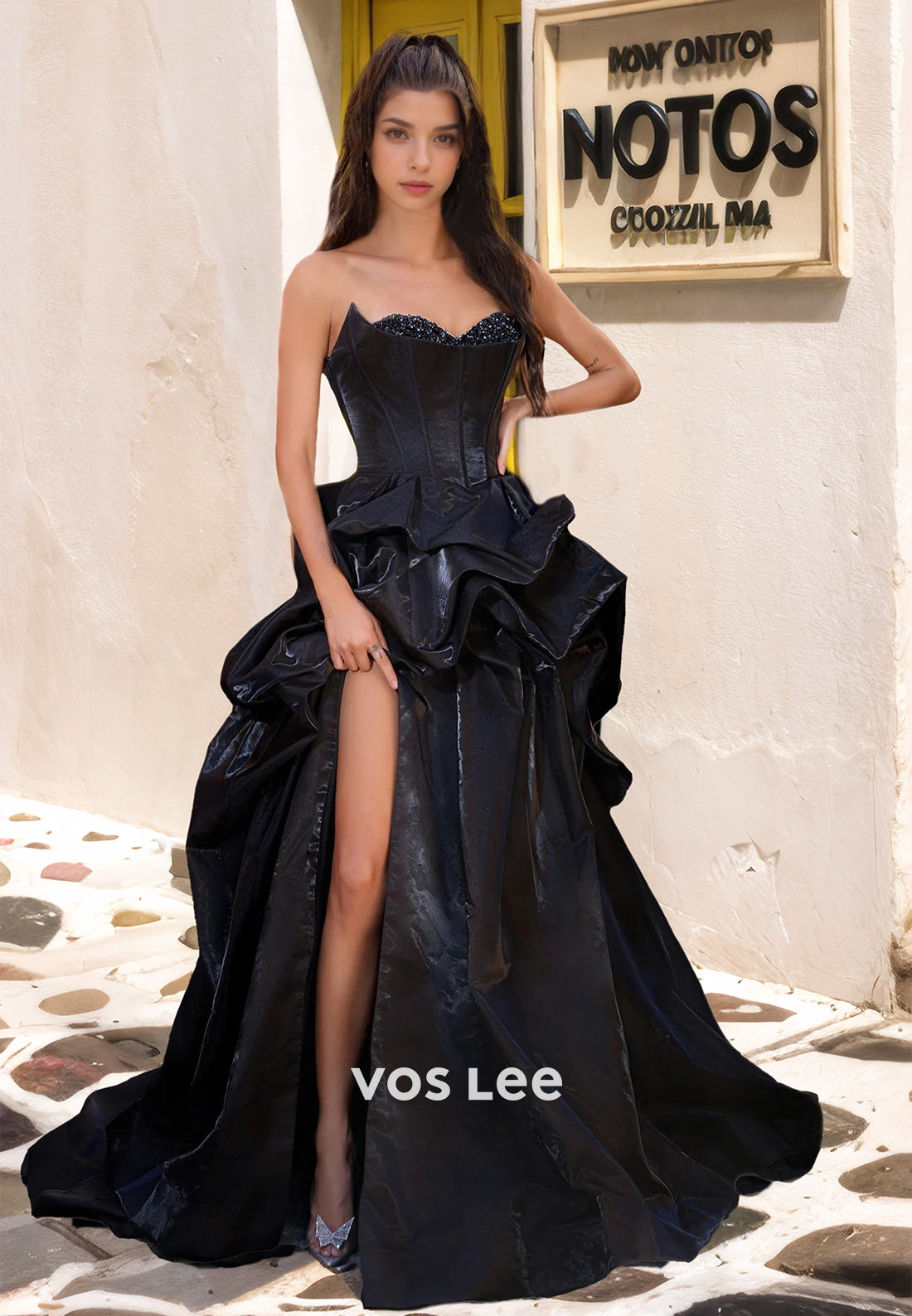 Vintage Black Strapless Column High Split Ruffled Sweep Train Satin Prom Pageant Dress