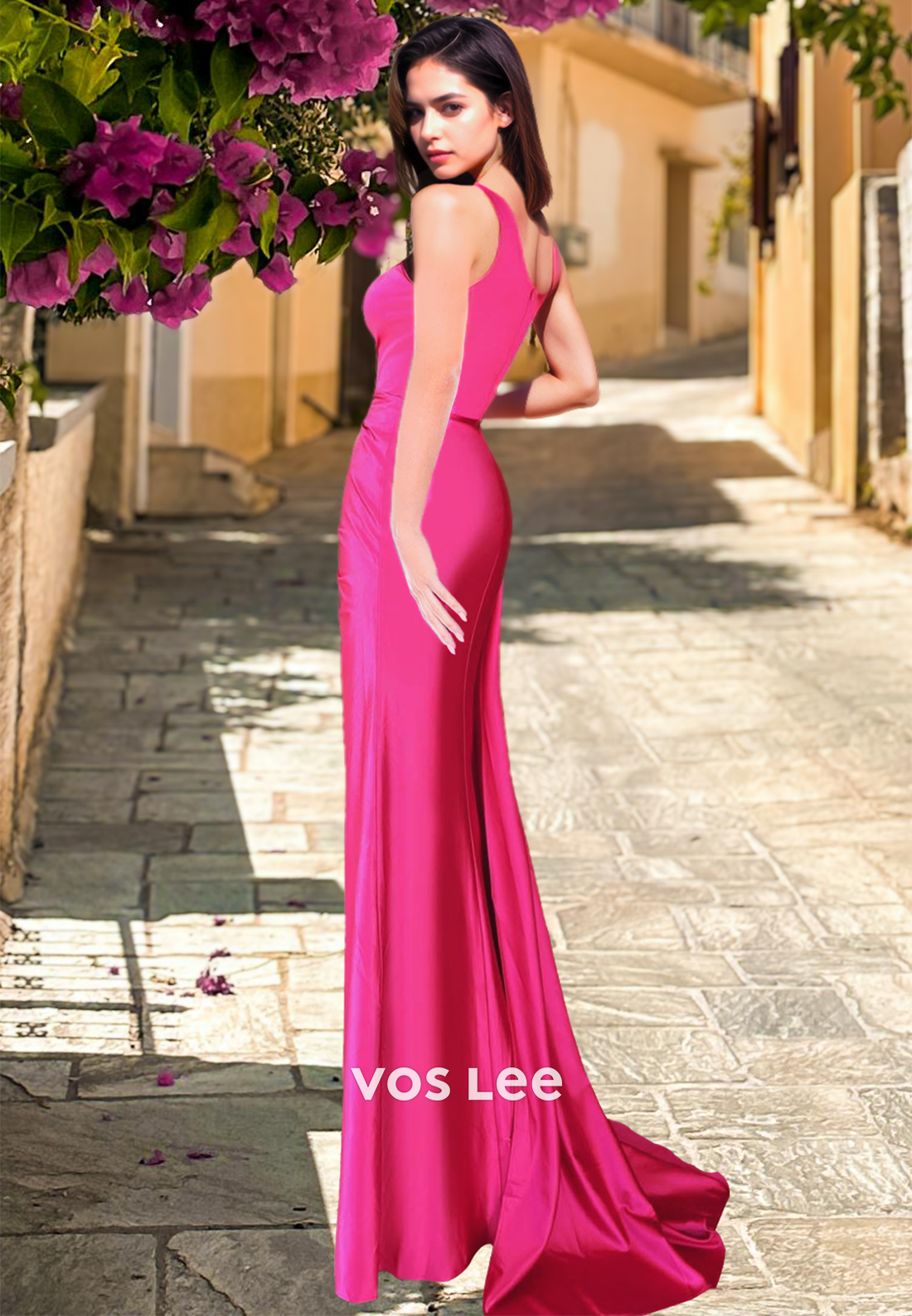 Vintage Sheath One Shoulder Sleeveless High Split Satin Prom Graduation Dress