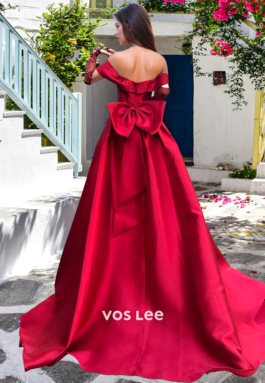 Graceful A-Line Red Off Shoulder Half Sleeves Sequins Pleated Prom Party Dress